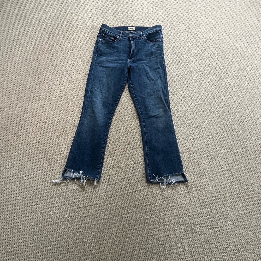MOTHER Dark Blue Cropped Jeans with Frayed Hem